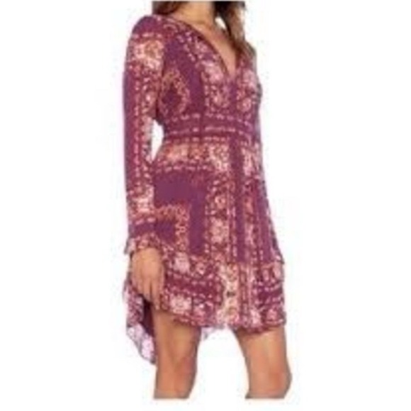 Free People Bridgette Purple Floral Print Long Sleeve Mini Dress Size L Bohemian - Picture 2 of 12